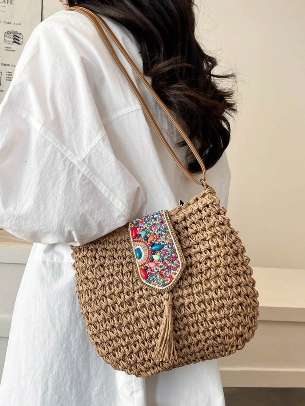 Boho colorful Beaded Straw Shoulder Crossbody Bag - Picture 7 of 7